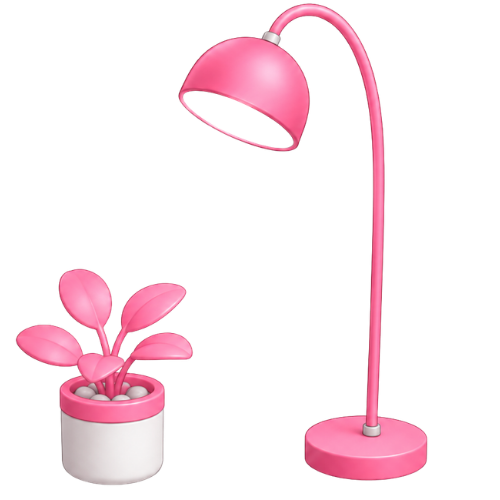 Pink desk lamp and potted plant